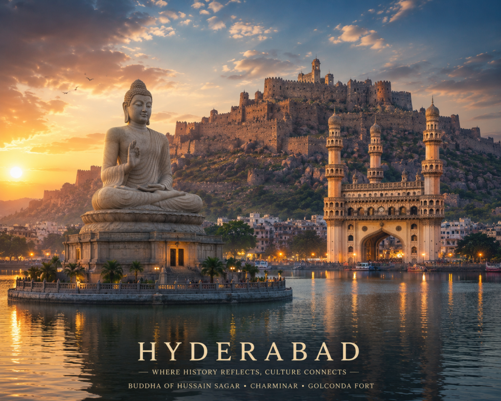 Charminar, Hussain Sagar Lake with the Buddha Statue, and Golconda Fort – Best tourist places to visit in Hyderabad.