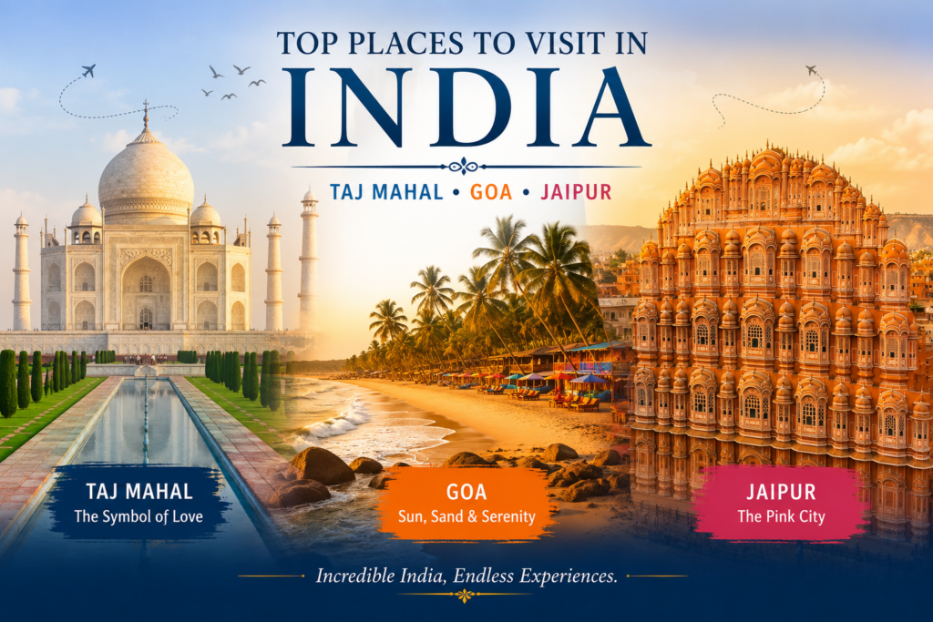 Best places to visit in India featuring the Taj Mahal, Agra, Goa beaches, and Hawa Mahal in Jaipur.